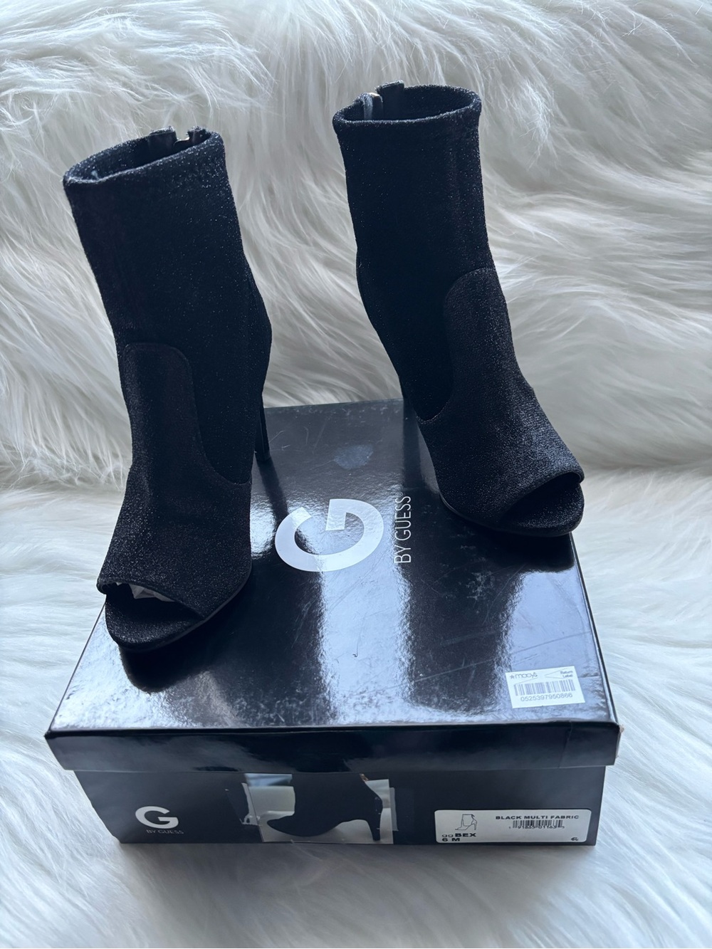 GUESS MULTI FABRIC GG BEX PEEP TOE BOOTIES SHIMMER PATERN SIZE 6M NWT $40.00